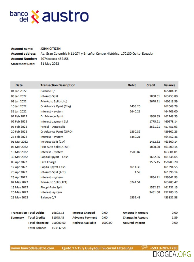 Relevé bancaire de la Banco del Austro en Équateur
